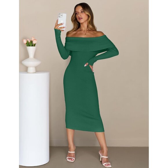 Merokeety Women's Darkgreen Off Shoulder Long Sleeve Elegant Bodycon Midi Dress - Picture 7 of 9